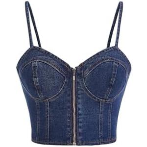Milumia Women's Denim Bustier Crop Top Zip Front Spaghetti Strap Jean Cami Tank Tops Size S