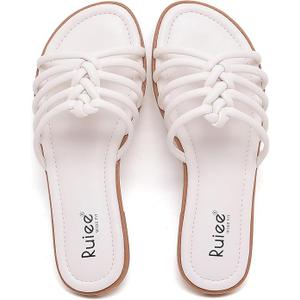 Ruiee Wide Width Sandals for Women, Summer Wide Feet Flat Slides Casual Comfort Braided Strap Slip on Open Toe Breathable Beach Shoes. 258006 White Size 8