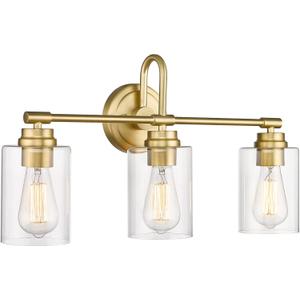 Gold Bathroom Light Fixtures, 3-Light Vanity Light Over Mirror Lighting with Cylinder Glass Shade, KW-7306-3