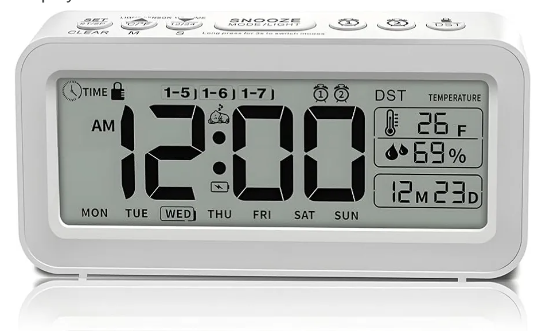 Portable LCD White Backlight high Clear Large Screen Multi-Functions Digital Clock,Alarm Clock,Timer with Forward time and Count Down,Light Sensor,Humidity and Temperature displays.White