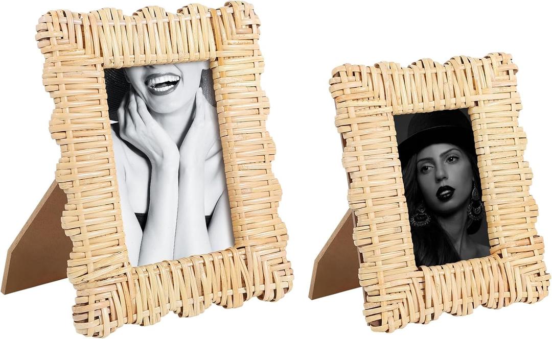 2 Pack Woven Rattan Picture Frame Set,4x6 & 5x7 Scalloped Picture Frame with Stand,Exquisite Handmade Wicker Photo Frame for Many Home Decor Style