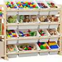 KiddoCood Large 100% Solid Wooden Kids Toy Storage Organizer, 60.2" W, 60.2"W, 6 Shelves, 16 Bins
