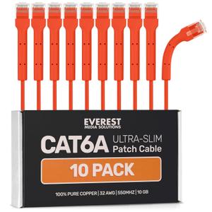 Everest Ultra Slim Cat6a Ethernet Patch Cables 1ft (10-Pack) Orange - 10GB Cat 6a Patch Cable - Bendable, Flexible & Thin Ethernet Cable - Space Saving 32AWG 550MHZ Cat6a Cables - 100% Copper Wires