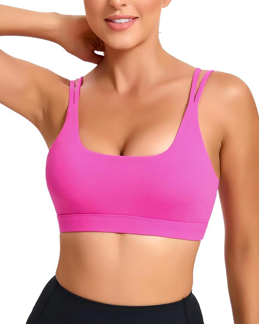 Sports Bras for Women, Medium-High Support Strappy Padded Running Sports Bras with Removable Cups (Pink, L)