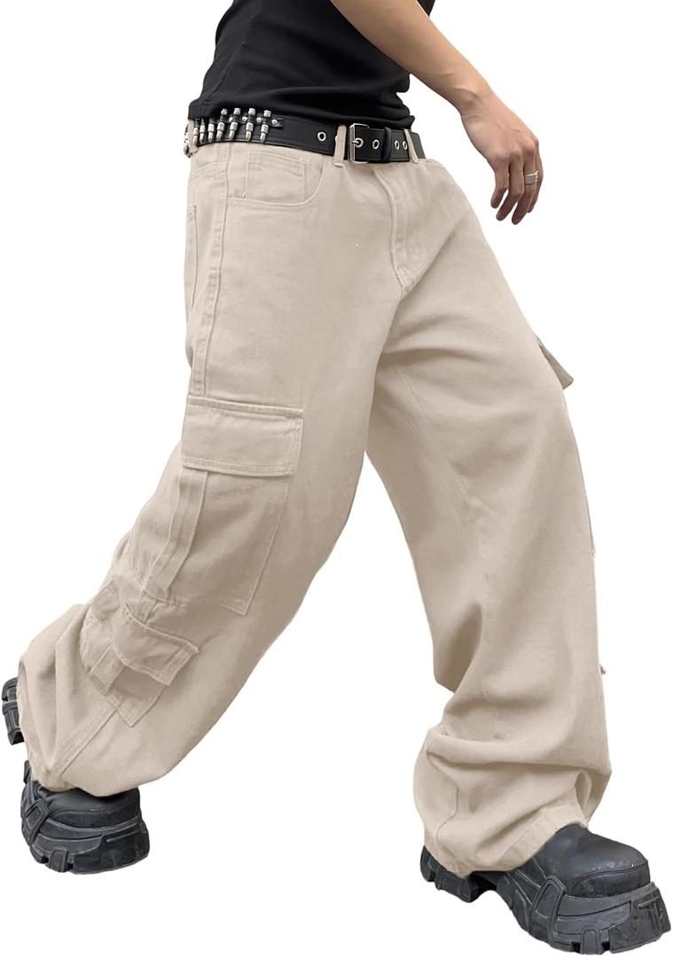 DFGIGT Baggy Denim Cargo Pants for Men with Pockets Mid Weight Wide Leg Hip Hop Skater Jeans Streetwear (M)