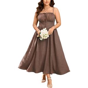 SHESTARR Plus Size Summer Dress Denim Sundress with Pockets (Brown, XXXL)