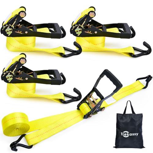 Trekassy Ratchet Straps Heavy Duty (10,000 Lbs Break Strength), Tie Down Ratcheting with J-Hooks, 2" x 15' Cargo Straps for Trucks, Trailers & Moving Appliances - 4 Pack