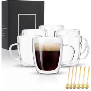 Glass Coffee Mugs Set Of 6, 13.5 OZ Insulated Double Wall Coffee Cups, Perfect for Cappuccino, Latte, Americano, Tea Bag, Beverage, Glass Coffee Cups With Handles