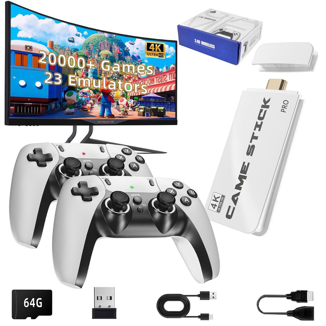 2025 Upgrade Retro Game Console Stick Pro, Classic Video Games with 4K HDMI, Built-in 23 Emulators, 20000+ Games - Plug & Play TV Video Gaming Stick with Upgrade Dual 2.4G Wireless Controllers(64GB) (White)