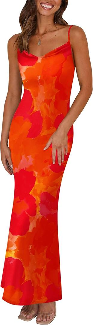 PRETTYGARDEN Women's 2025 Summer Floral Spaghetti Strap Maxi Dress Stretch Sexy Bodycon Dress Backless Slip Long Dresses, XL