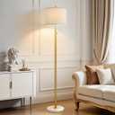 UpgradedDimmable Gold Floor Lamps for Living Room, 11W LED Bulb Included, Modern Standing Lamp with Marble Base, Tall Pole Light with White Linen Shade for Bedroom Reading Office Corner Nursery
