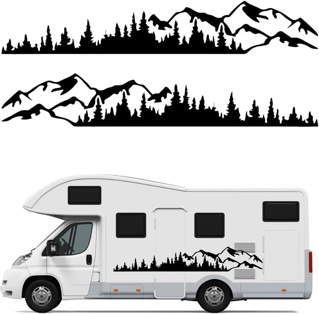 2PCS Vinyl Car Stickers Mountain Tree Forest Decor Decal Car Body Stickers and Decals Vinyl Graphic for Car SUV RV Camper Trailer (Black-190cm)