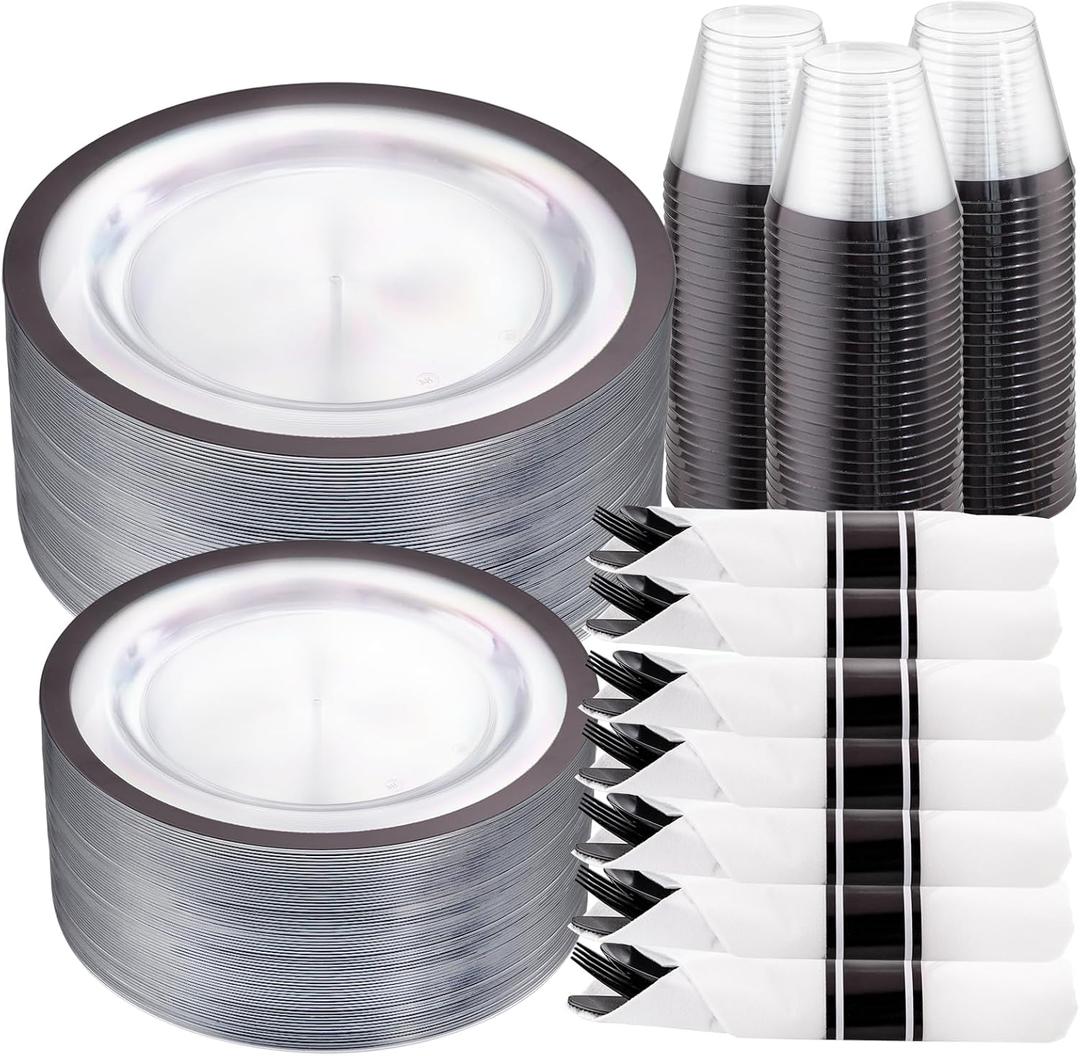 I00000 210 Pcs Clear and Black Plastic Plates, Disposable Dinnerware Set, Include 30 Dinner 30 Dessert Plates,30 Plastic Cups 9 OZ,30 Pre Rolled Napkins with Cutlery for Birthday, Wedding & Party