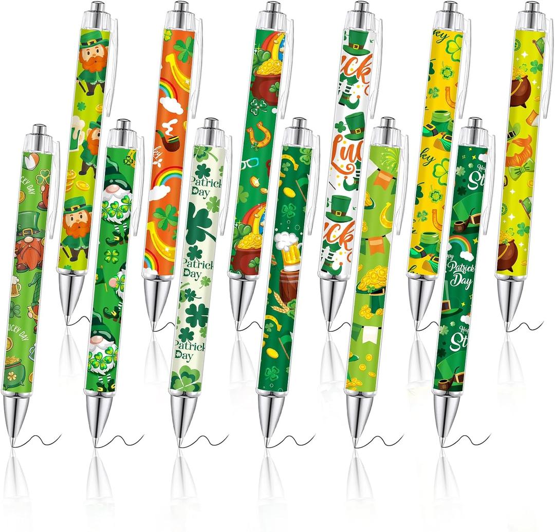 2 x MALOKI 12 Pcs Pretty Fancy Cute Funny Pens for Women St Patricks Day Decorations Accessories Gifts Shamrock Decor Retractable Green Floral Aesthetic Pens for Irish Party Supplies Favors