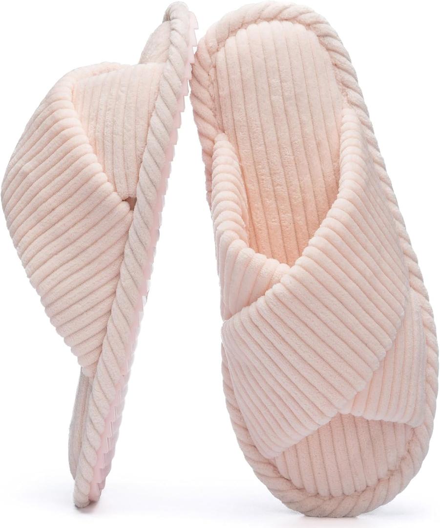 GOEWY Slippers for Women Memory Foam House Bedroom Corduroy Crossbands Open Toe Slides Sandals Shoes Comfy Trendy Gift for womens Anti-Skid sole,  Size 7- 8.5 