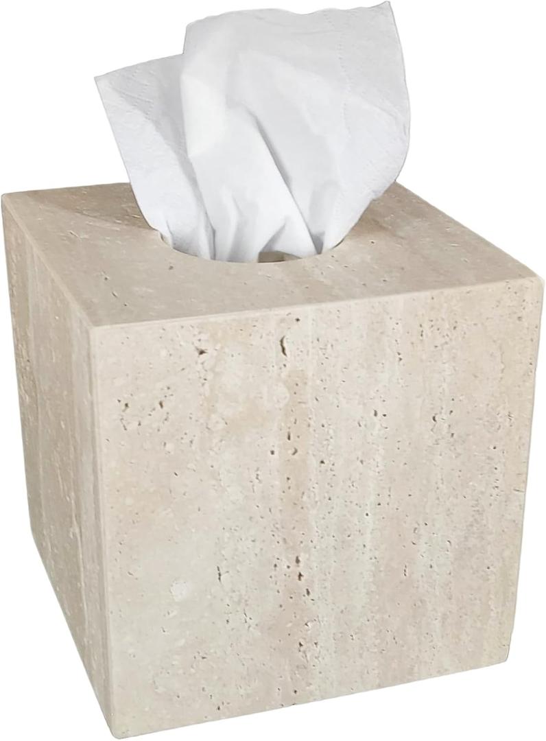Natural Travertine Marble Tissue Box Cover, Stone Square Pumping Paper, Roll Toilet Paper Holder for Living Room, Bathroom, Kitchen and Home Decor