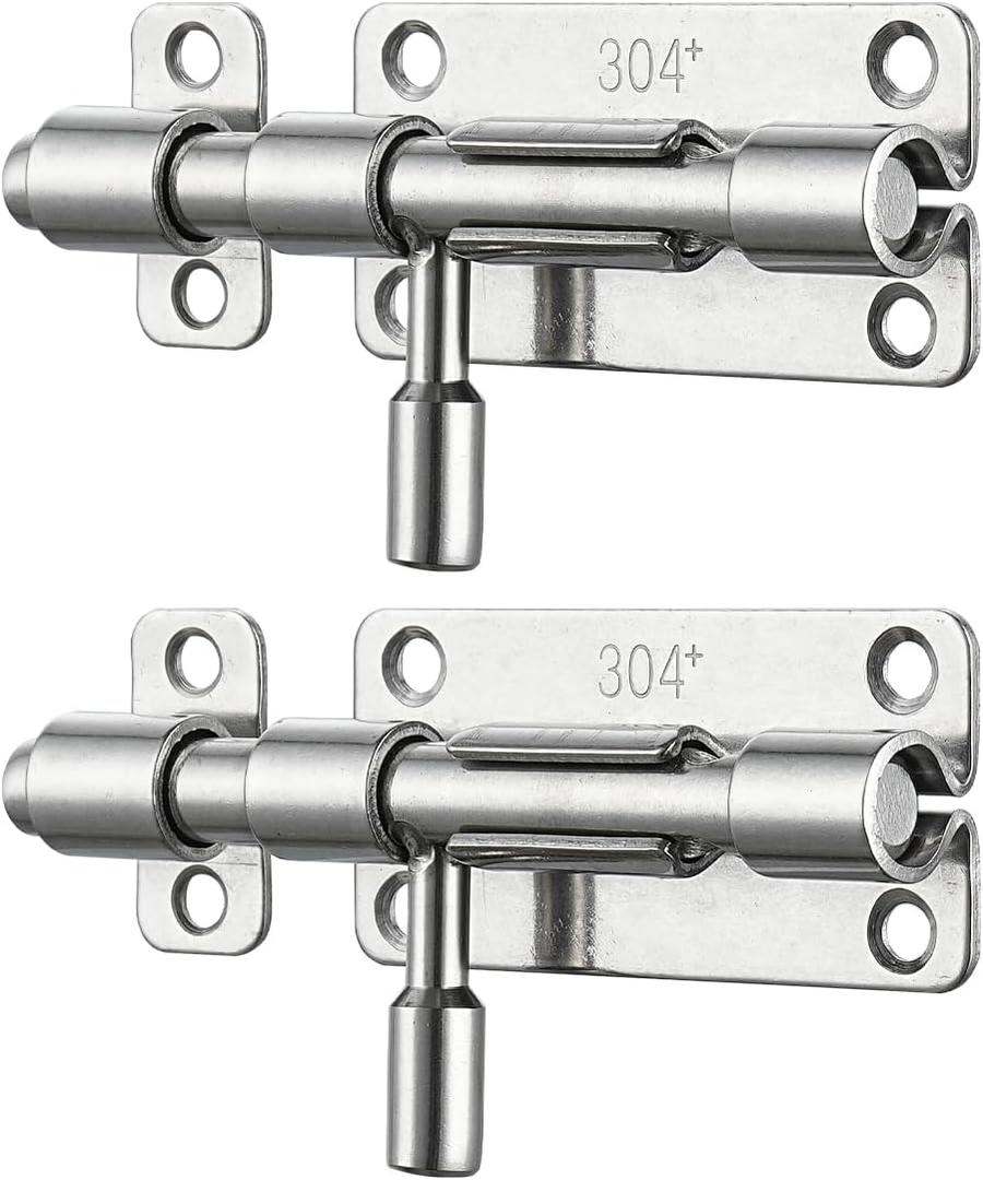 JQK Door Latch Lock Barrel Bolt 4 Inch, 304 Stainless Steel Slide Gate Latches Security Thickened 1.4mm with Padlock Hole, Silver, 2 Pack HBB120-P2