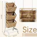 Menkxi Wicker 3 Tier Foldable Storage Basket Floor Rack with Market Storage Basket Water Hyacinth Storage Rack Hand Woven Laundry Rack for Bathroom Kitchen Laundry Room Living Room Storage(White), 11.8"D x 14.2"W x 36"H