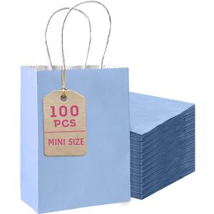 Bakepacker 100 Pcs Light Blue Mini Paper Gift Bags with Handles 6"x4.5"x2.5" Party Favor Bags Multiple Uses (Mini size)