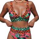 Hilinker Women's Leopard Bikini Swimsuits V Neck High Waisted 2 Piece Bathing Suits, Small