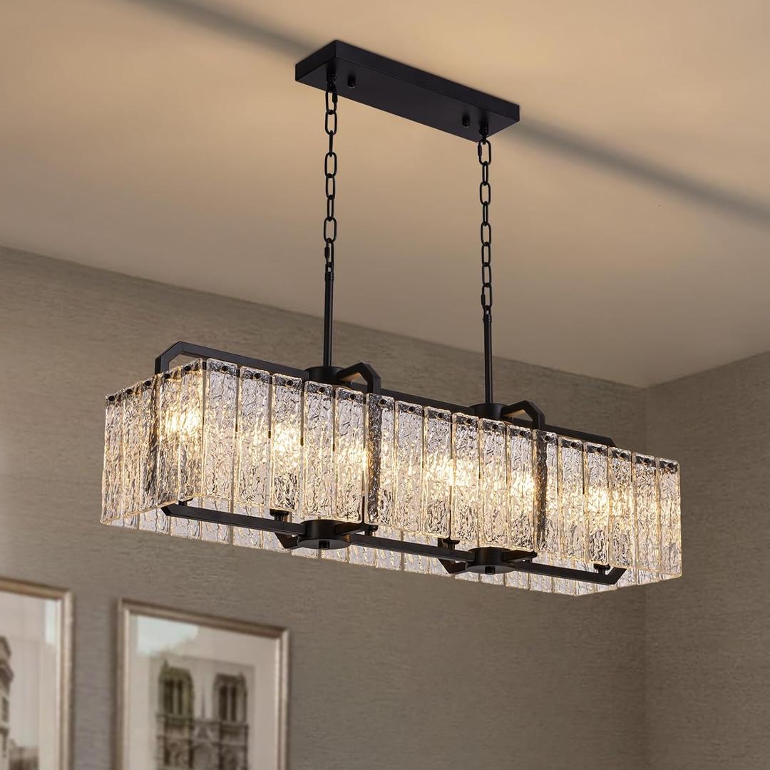 CROSSIO Modern Rectangle Black Crystal Chandeliers for Dining Room, L40 Rectangular Water Ripple Glass Pendant Light Fixture, Linear Farmhouse Lighting for Kitchen Island, Living Room, 6 Lights