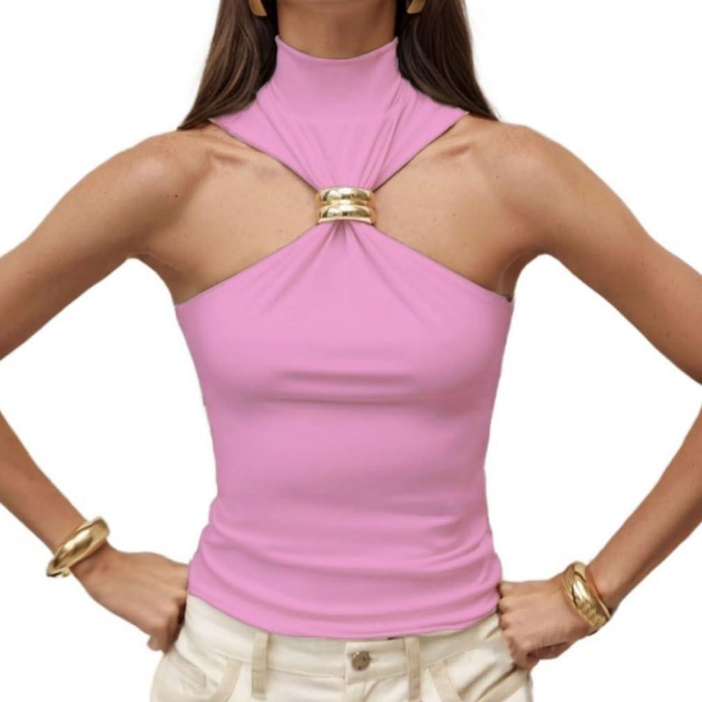 Women Sexy Halter Neck Pleated Twist Front Tank Tops Trendy Slim Fit Sleeveless Hollow Out Halter Top Clubwear (Large, Pink)