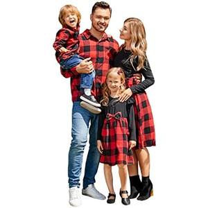 PATPAT Family Matching Outfits Mommy and Me Dresses Matching Set Long Sleeve Plaid Midi Dress and Casual Button Down Shirts XL