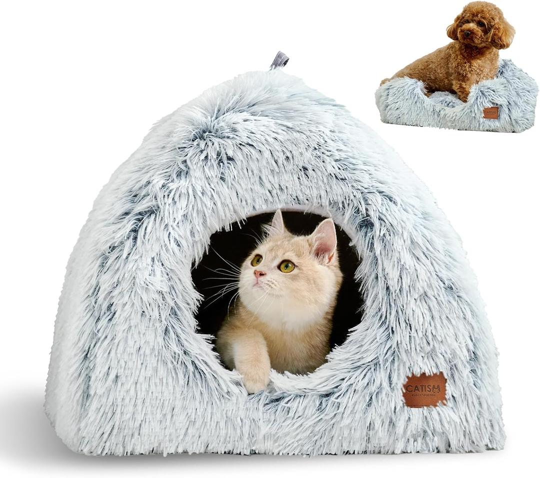 CATISM Cat Bed, Cat Cave for Indoor Cats, Soft Cat Dome, Self-Warming 2 in 1 Foldable Pet Cat House with Washable Cushioned Pillow Calming Fluffy Dog Beds for Small Dogs with Anti-Slip Bottom Gray