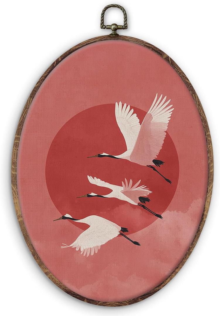 DILSJ Vintage Japandi Crane Oval Wall Art Decor, Japanese Sunrise Bird Canvas Wall Art Framed, Japanese Red Sun Hanging Decorations for Living Room Bedroom Home, 11x8.5 Inch