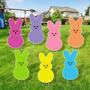 Large Easter Yard Signs 7pcs with Stakes Welcome Peeps Bunny Garden Decorations Outdoor Holiday Welcome Signs for Happy Easter Themed Festival Party Supplies, Lawn, Garden Yard Decor