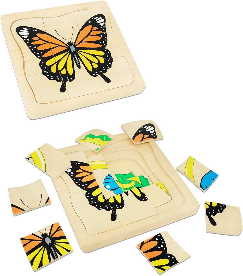Montessori Wooden Puzzles for Kids Ages 4-8, 4 Layer Life Cycle of Butterfly Jigsaw Puzzle for Toddlers, Children Preschool Learning Educational Puzzles Spring Toys Gift for Boys and Girls (Butterfly)