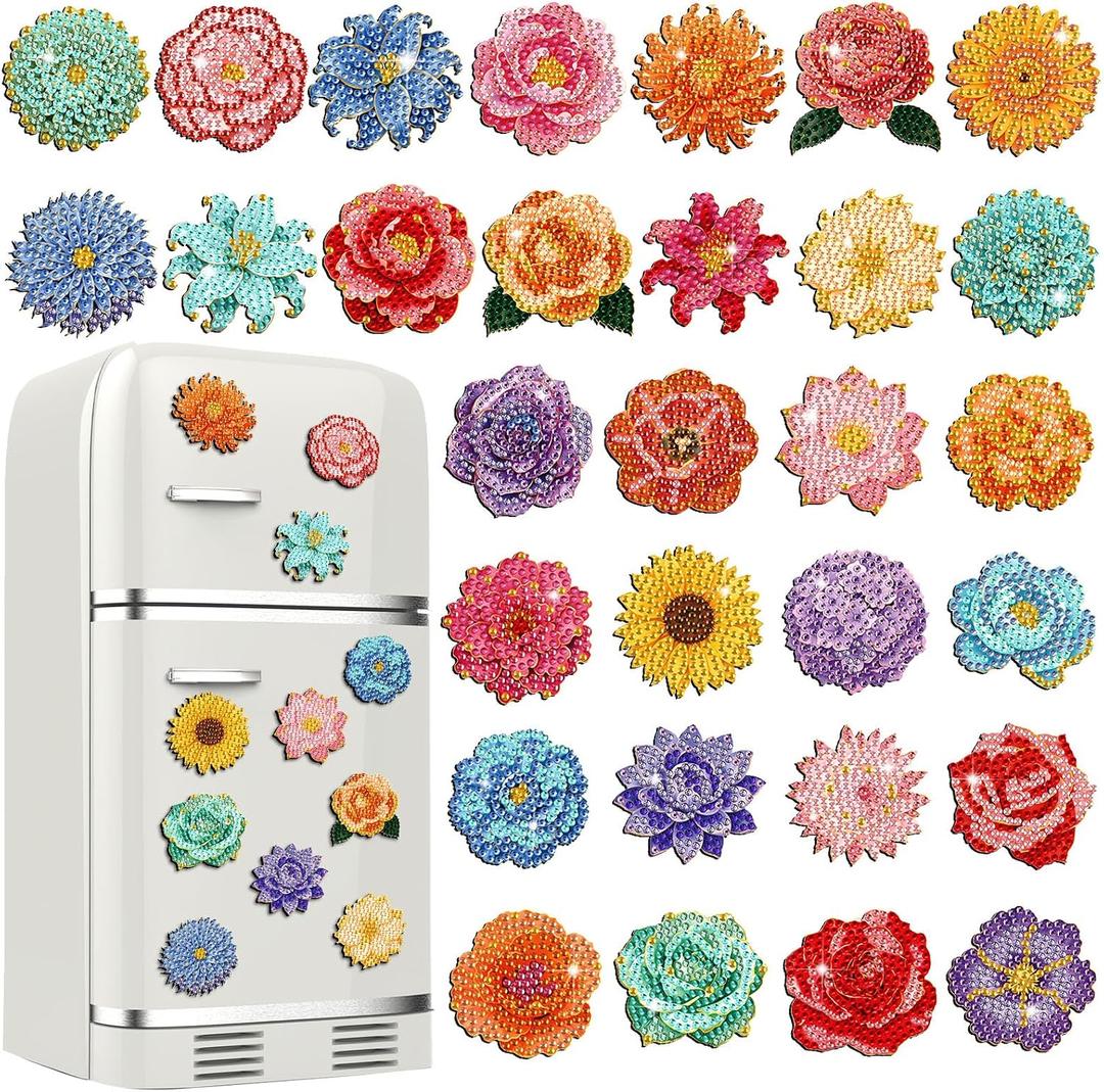 Xuhal 30 Pcs Spring Flower Diamond Painting Magnets Diamond Art Magnet Kits for Adults Colorful Floral Refrigerator Magnetic Sticker 5D Rhinestone Fridge Stickers for DIY Crafts Spring Gifts