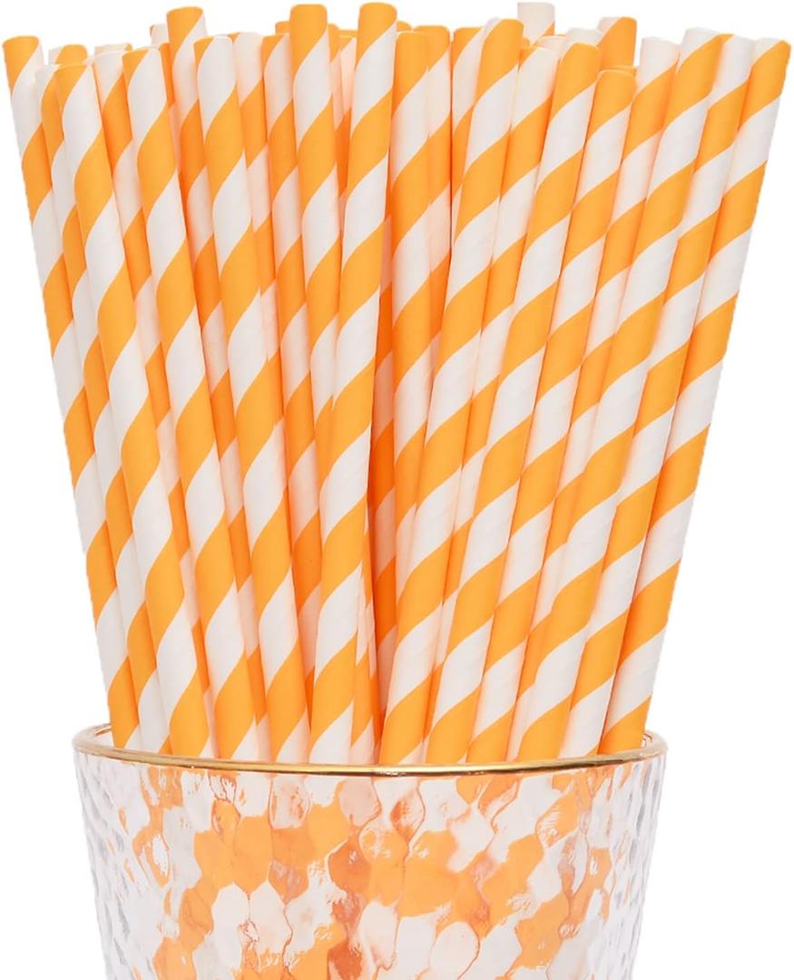 2 x YAOSHENG Paper Straws for drinking, 100 Pack Orange Striped paper straws for Party Supplies,Birthday,Wedding,Bridal/Baby Shower,Juice, shakes,Smoothies,cocktail (Orange)
