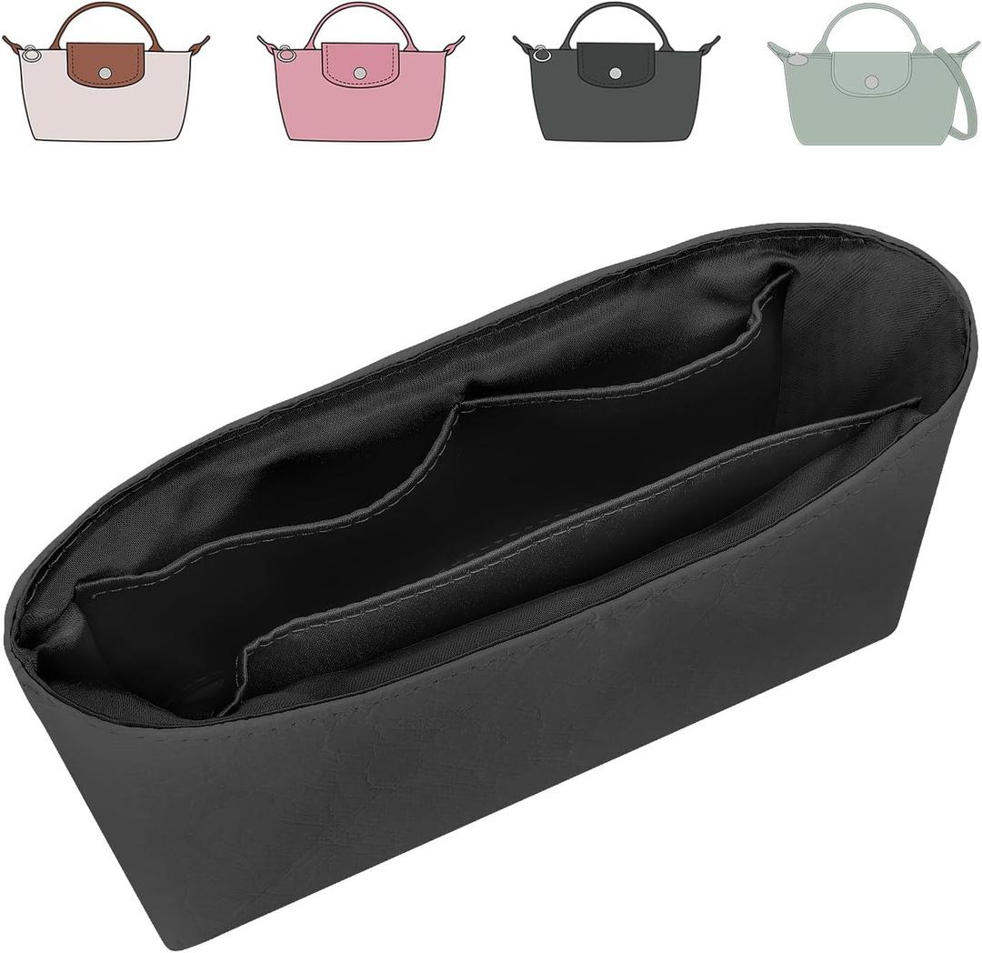 Tote Bag Organizer Insert Compatible with Longchamp Mini Handbag, Dupont Paper Inner Purse Organizer Insert Makeup Liner Bag Shaper (Black, XS/Mini (XS-5.7*1.8*3.15in)