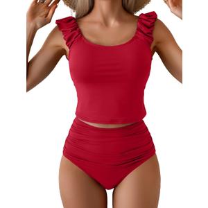 Eomenie Tankini Swimsuits for Women Ruched Tummy Control Bathing Suits Two Piece Swim Tank Top with High Waisted Bottom (Large, Red)