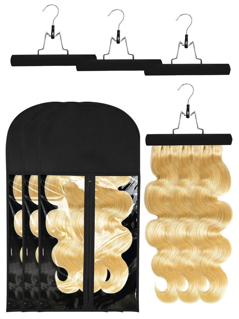 3 Pcs Hair Extension Storage Bag, Hair Extensions Holder with Hanger, 11.4 * 23.6 inches, Portable Wig Bags Storage with Transparent Zipper Closure (Black)