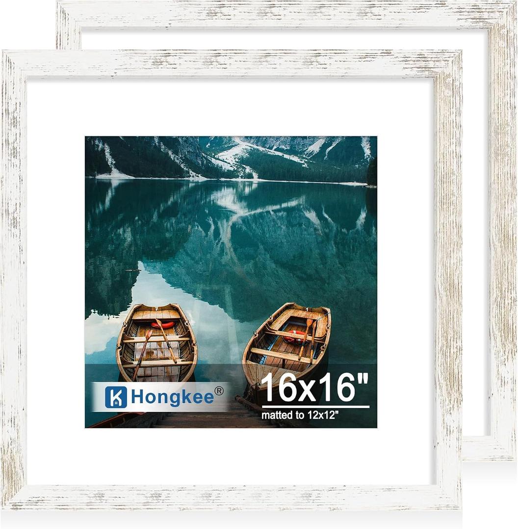 Hongkee 16x16 Frame Set of 2, Distressed White Wood Style - Display Square 12 x 2 with Mat or 16x16 without Mat, Wall Mounting Horizontal and Vertical
