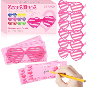 24 Pcs Heart Shaped Shutter Shade Glasses with Cards and Gift Box, Valentines Party Favors, Valentine's Classroom Exchange Prizes Gifts for Kids Boys Girls (Pink)