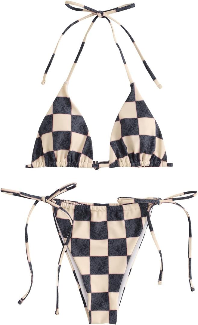 ZAFUL Womens Printed Triangle Bikinis 2 Piece Halter Bikini Sets High Cut Bathing Suit Side Tie Swimsuits (Medium, 0-black-plaid)