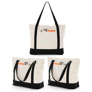 Lzerking Canvas Tote Bag with Zipper and External Pocket, 3 Pack Reusable Grocery Shopping Bags for Beach, Gift, DIY (Natural Color)