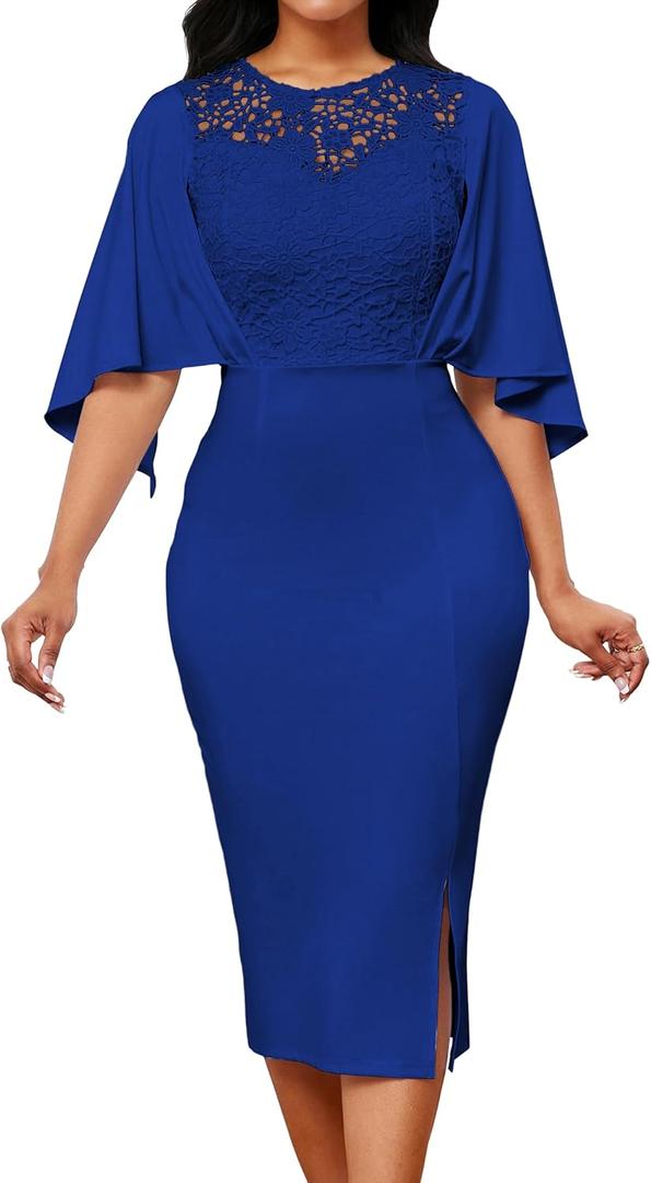 Lace Dresses for Women Wedding Guest Elegant Long Sleeve Cocktail Business Knee Length Pencil Dress (XX-Large, Royal Blue)