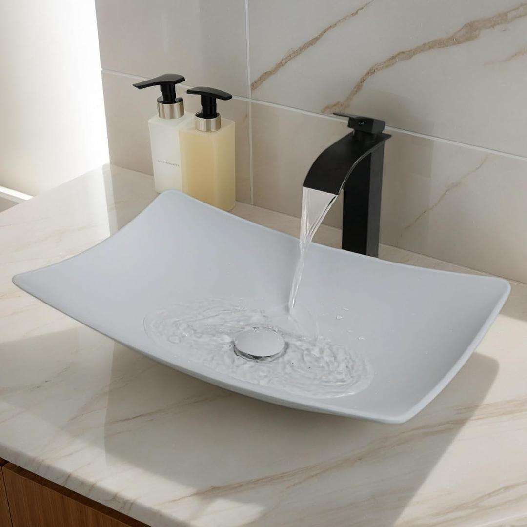 22 Inch Stone Resin Bathroom Sink with Pop-Up Drain Combo,Grey Rectangular Vessel Sink Above Counter Modern Bathroom Vessel Sink Basin