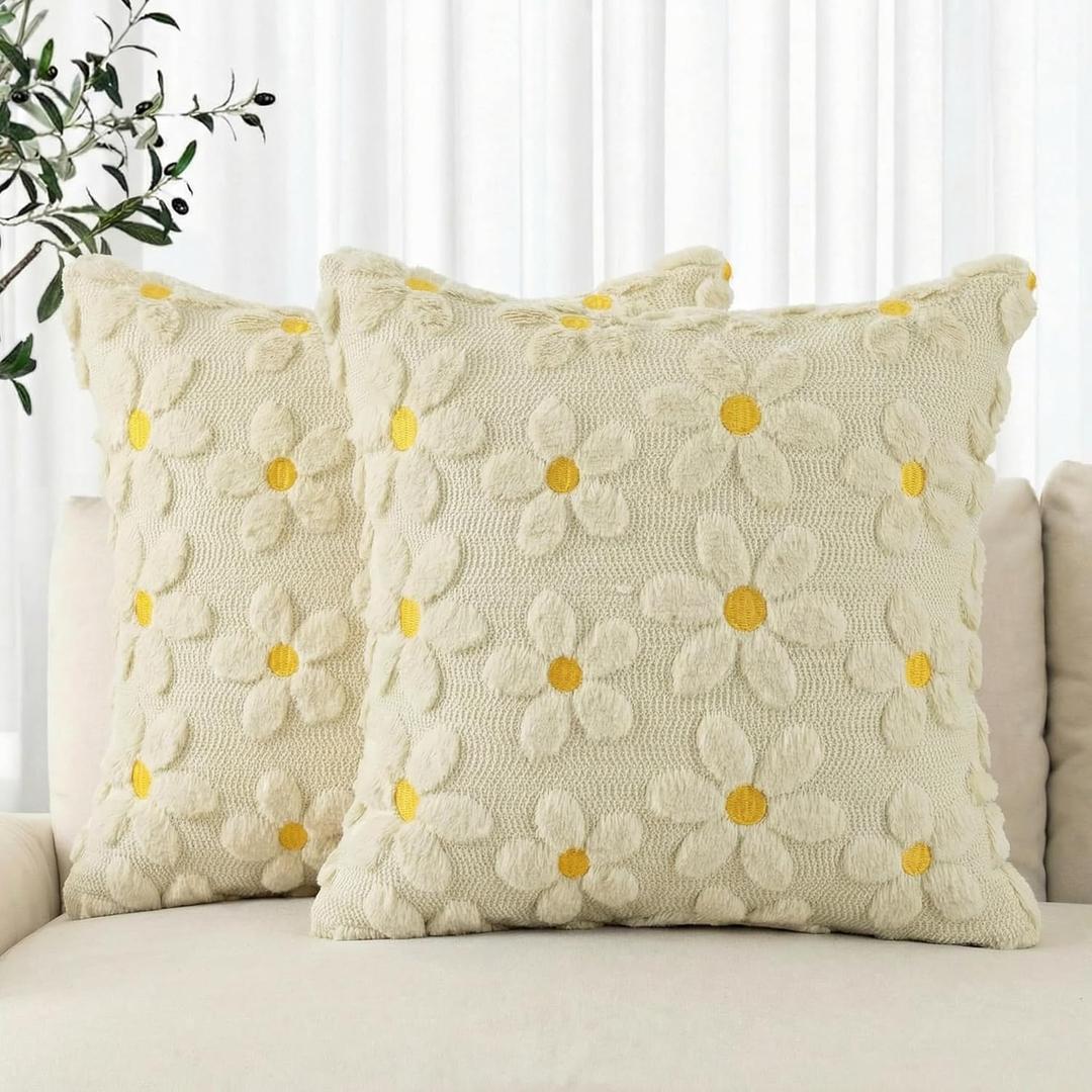 AVOIN colorlife Spring Summer Beige Daisy Throw Pillow Covers Set of 2, 18 x 18 Inch Seasonal Flora Farmhouse Decor Flower Soft Plush Faux Fur Jacquard Cushion Case for Home Sofa