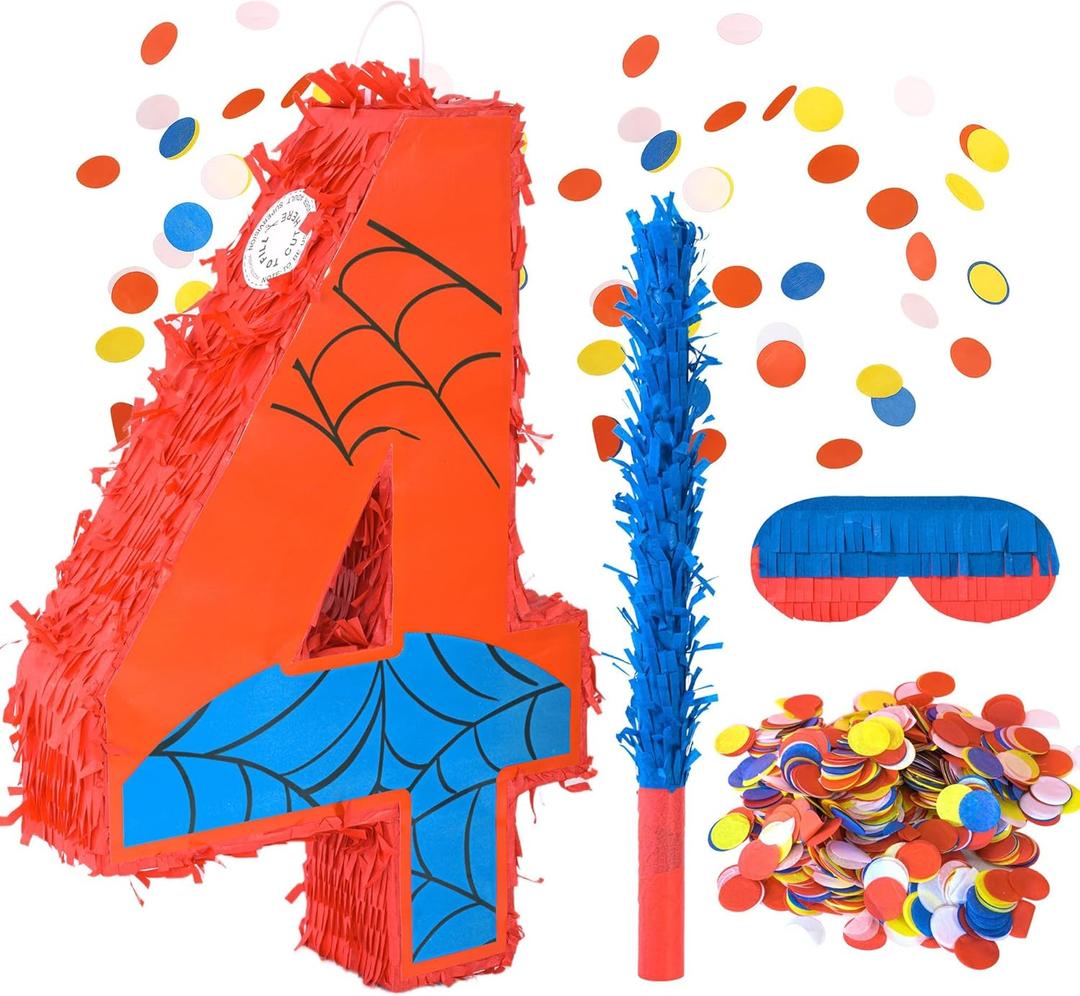Superhero Birthday Decorations, Number 4 Spider Pinata 16 Inch with Piata Stick, Blindfold, Confetti for Boys and Girls Kids Birthday Party Supplies (4th)