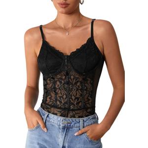 Milumia Women's Sexy Floral Lace Sheer Mesh Corset Bodysuit Spaghetti Strap Cami Tops Going Out (Medium)
