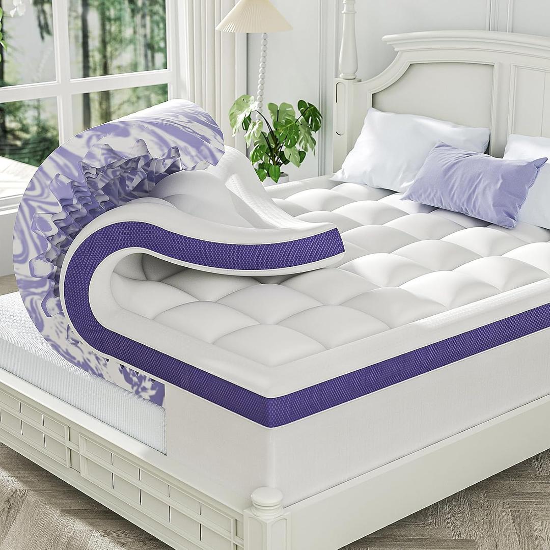 ChiXpace Dual Layer 4 Inch Memory Foam Mattress Topper Full XL - 2 Inch Gel Memory Foam and 2 Inch Pillow Top Mattress Pad,7-Zone Egg Crate Full XL Size Mattress Topper (White)