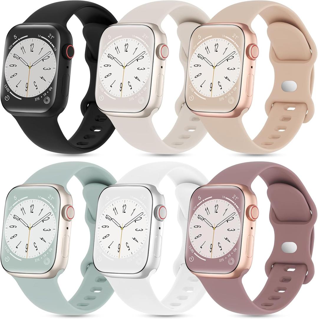 6 Pack Silicone Sport Bands Compatible with Apple Watch Band 38mm 40mm 41mm 42mm 44mm 45mm 46mm 49mm Women Men, Soft Strap Waterproof Wristband for iWatch Series 10 9 8 7 6 5 4 3 2 1 Ultra SE (Black/Starlight/Milk Tea/Succulent/White/Smoke Violet) 6 Pack Silicone Sport Bands Compatible with Apple Watch Band 38mm 40mm 41mm 42mm 44mm 45mm 46mm 49mm Women Men, Soft Strap Waterproof Wristband for iWatch Series 10 9 8 7 6 5 4 3 2 1 Ultra SE (Black/Starlight/Milk Tea/Succulent/White/Smoke Violet)