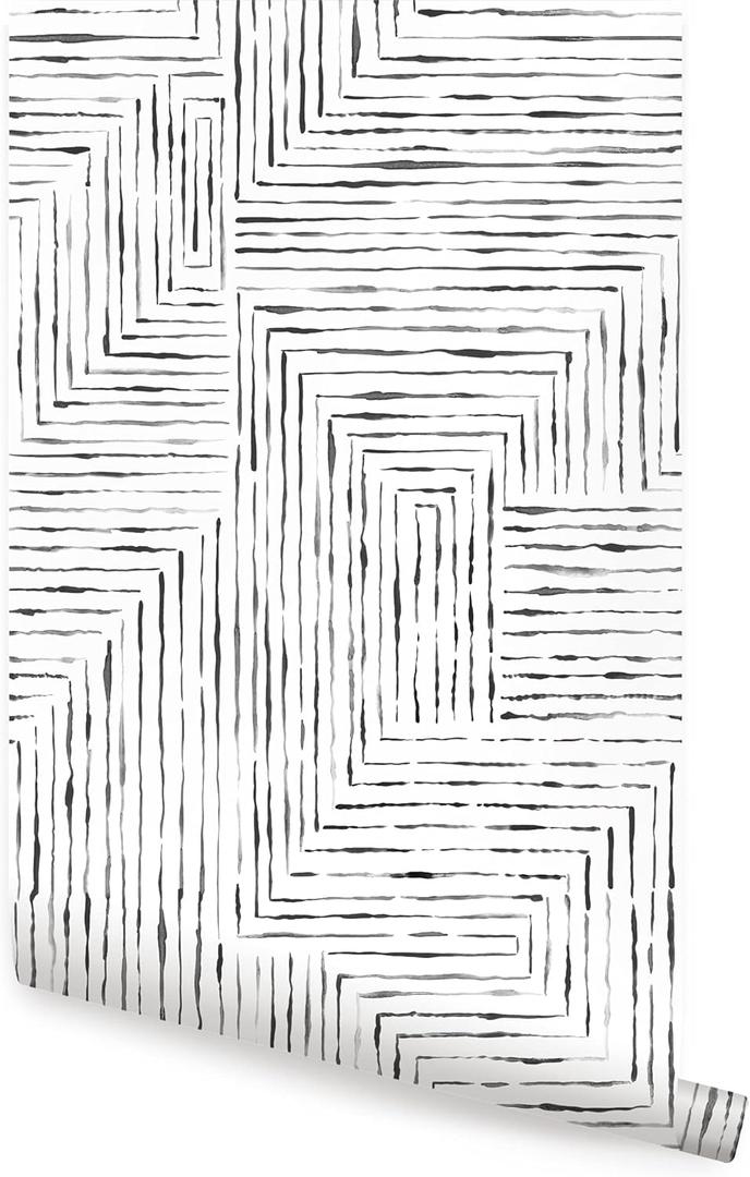 Geometric Watercolor Lines Peel and Stick Wallpaper (Black, Single Sheet - 2x9 Feet)