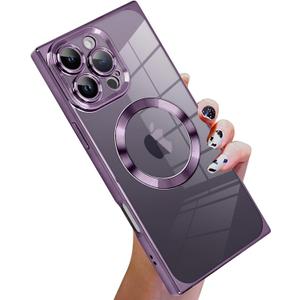 KANGHAR Case Designed for iPhone 16 Pro Max Magnetic Clear Case with Camera Lens Protector[Compatible with MagSafe] Luxury Cute Plating Design Full-Body Shockproof Protection Cover Darkpurple