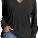 Women's 2025 V Neck Buttons Down Long Sleeve T Shirts Casual Loose Tops Fall Fashion Basic Blouses Small